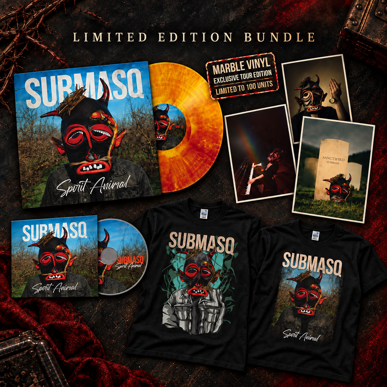 Spirit Animal Collector's Bundle with marble vinyl, Digipak CD, three art posters and the two available T-shirt designs; one shirt is included